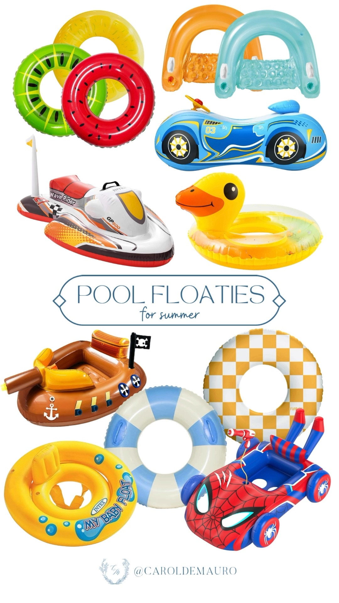 Bring all the fun to the pool this summer with this epic collection of colorful floaties! From the fruit-themed tubes and mesh loungers to the inflatable pirate ship and Spider-Man car, there's something for everyone to relax or play.

amazon finds, pool party, summer essentials, beach vacation, splash time, kids toy, summer inspo, backyard fun

#LTKSeasonal #LTKKids #LTKU