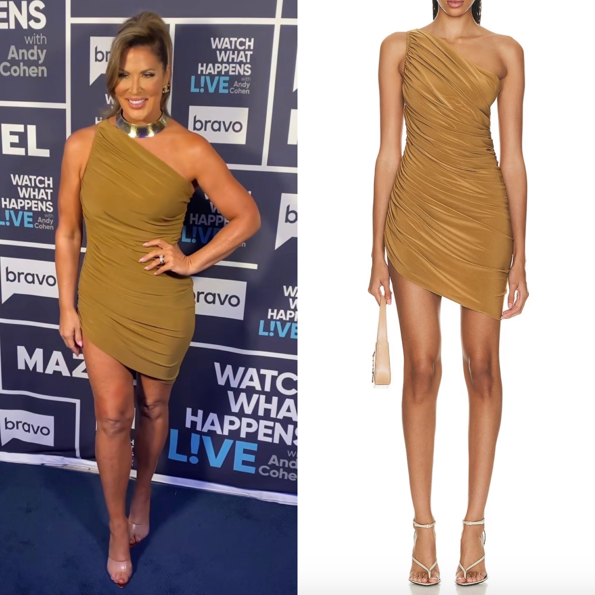 Emily Simpson’s Brown Ruched One Shoulder Dress on WWHL 