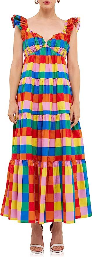 English Factory Women's Printed Multi Check Shirred Maxi Dress | Amazon (US)