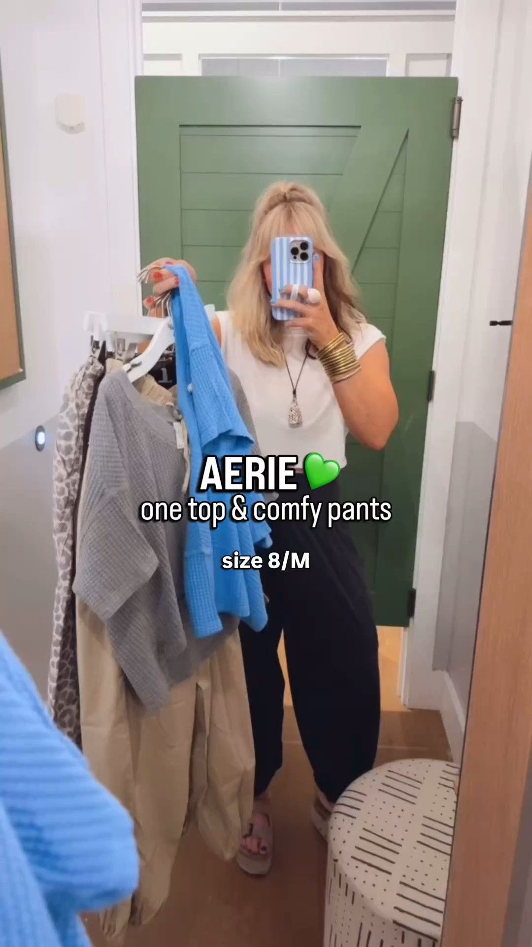 Aerie is getting the cutest pieces in! I loved this top so much I grabbed almost all the colors but a few and it’s adorable. I tried it in a small and medium and the medium has more length and overall fit better. 
The pants are all medium but the last ones are smalls. I needed a small in leopard print too. They run big.