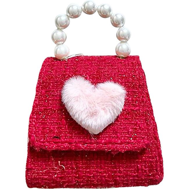 Tweed Purse with Furry Heart Patch, Red | Maisonette