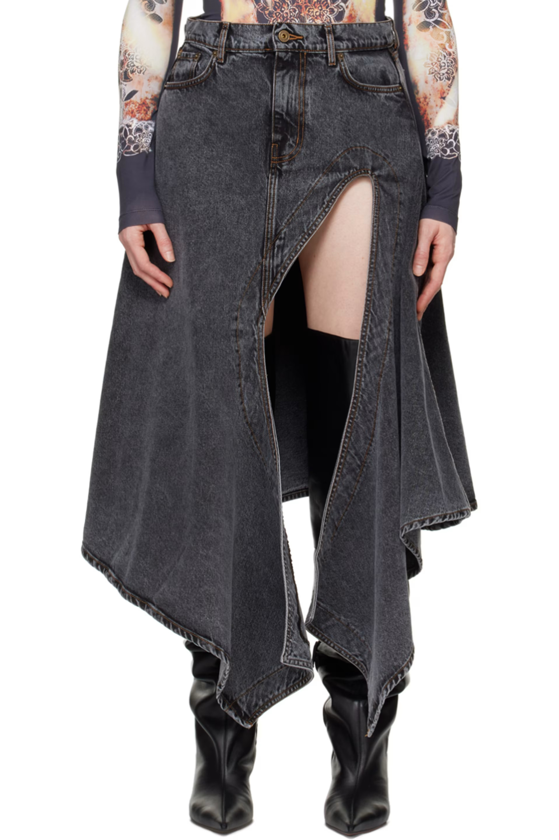 Black Cut Out Denim Midi Skirt | SSENSE