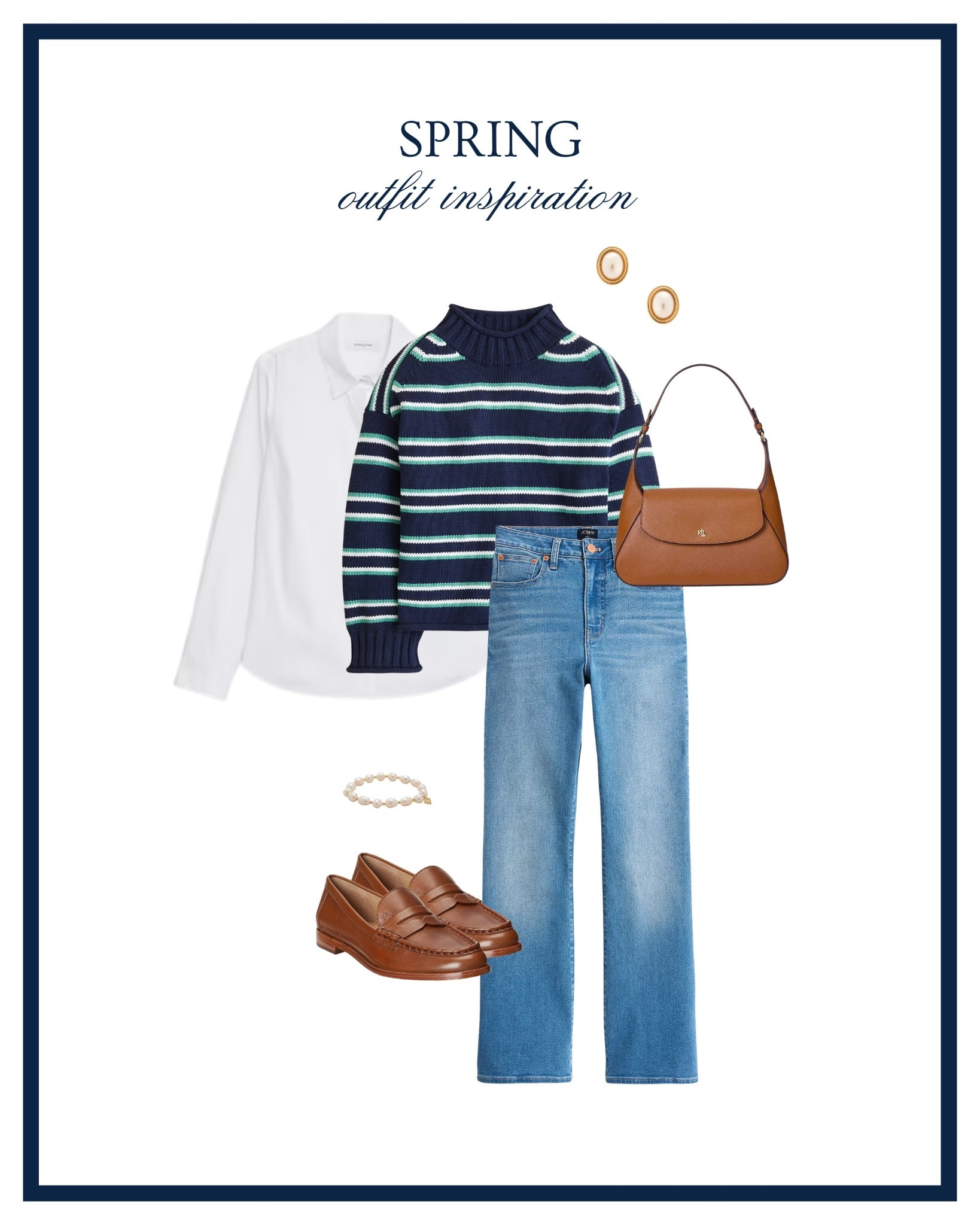 Spring outfit inspiration 🥿🤍🍃 I’m loving this blue and green striped sweater, and these brown loafers! This Ralph Lauren purse is also on my wishlist. 😍 Classic style, spring style, preppy style, coastal grandmother spring outfit inspiration 

#LTKSpringSale #LTKSeasonal