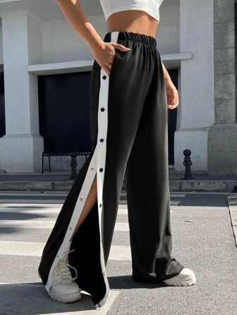 SHEIN EZwear Contrast Side Seam Split Hem Button Detail Pants | SHEIN