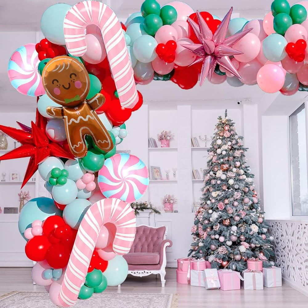 Christmas Balloon Garland Arch kit with 143 Pcs Xmas Pink Green Red Balloons Cane Candy Foil Ball... | Amazon (US)