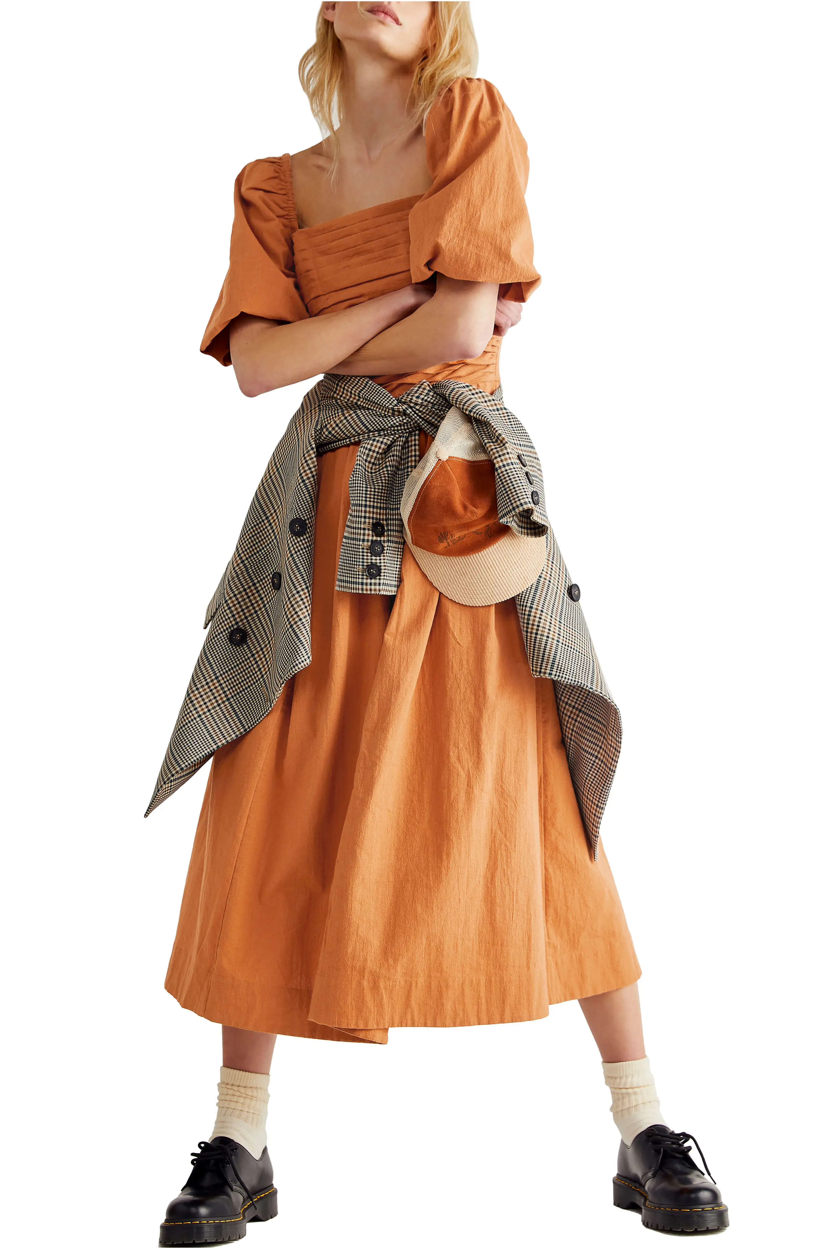 Women's Free People Ain'T She A Beaut Puff Sleeve Ruched Dress, Size Small - Brown | Nordstrom