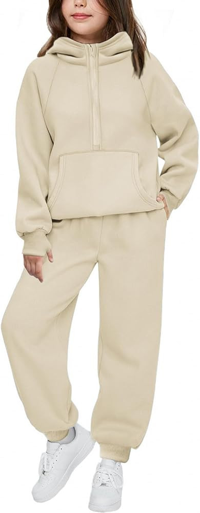 Arshiner Girls 2 Piece Outfits Tracksuit Drop Shoulder Hoodie Half Zip Sweatshirt and Sweatpants ... | Amazon (US)