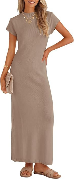 ZESICA Womens Bodycon Knit Short Sleeve Sweater Maxi Dress | Amazon (US)