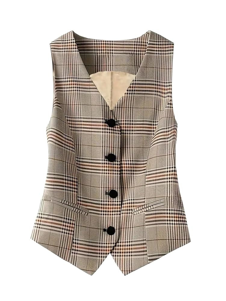 SHENHE Women's Plaid Blazer Vest Button Up Sleeveless Vintage Business Long Suit Vests Top with P... | Amazon (US)