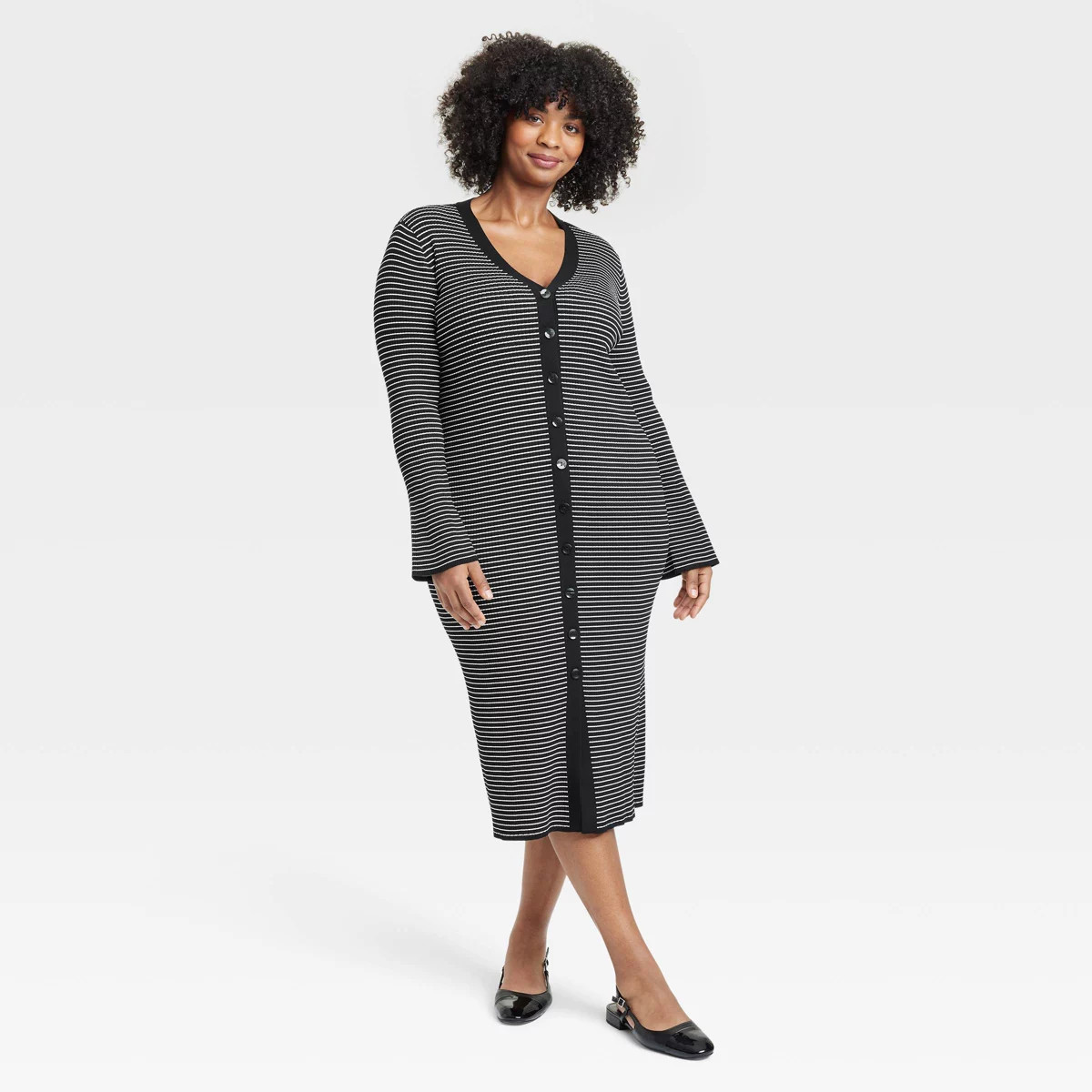 Women's Bell Long Sleeve Midi Sweater Dress - A New Day™ Black Striped XXL | Target