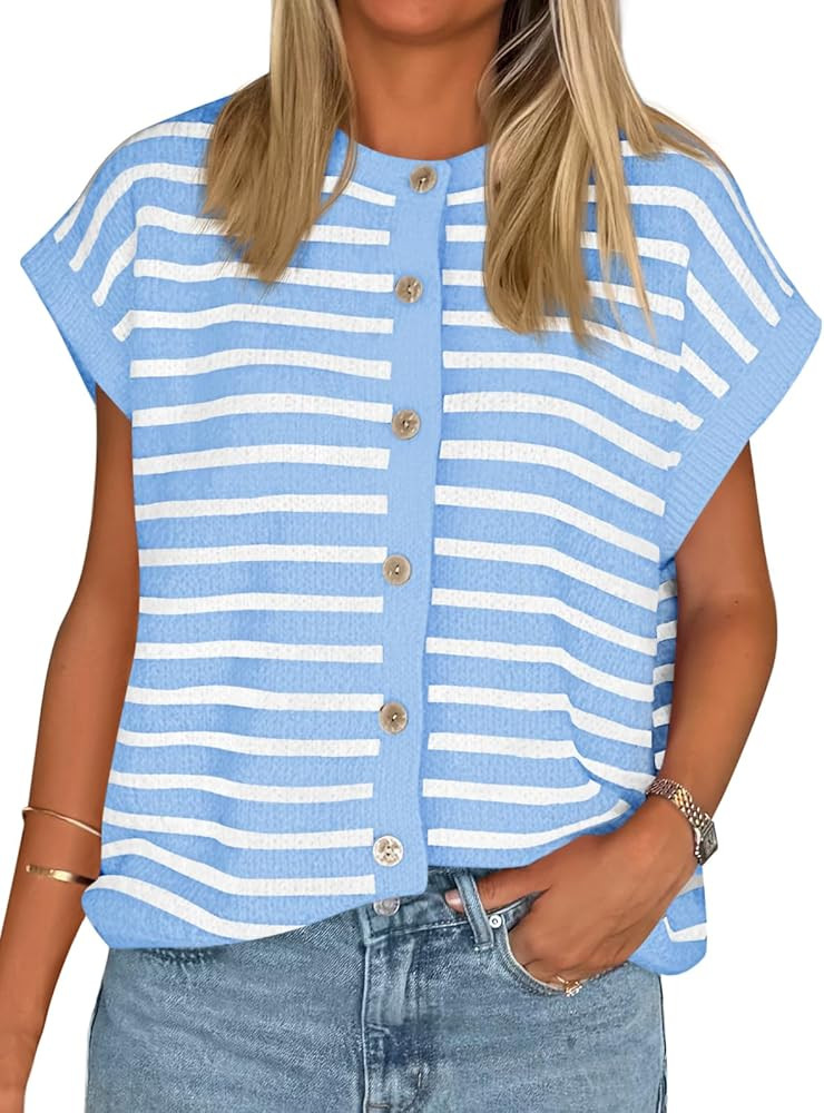 Cicy Bell Womens Striped Cap Sleeve Sweater Vest Crew Neck Button Down Cardigan Cute Knit Tops | Amazon (US)