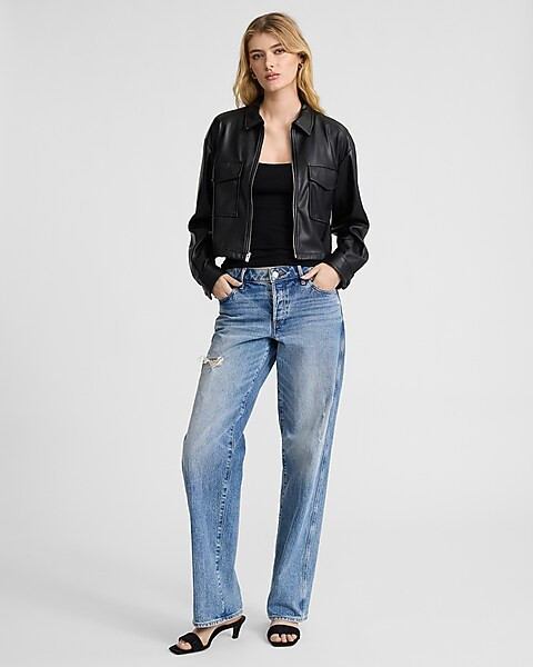 Faux Leather Zip Front Cropped Shacket | Express