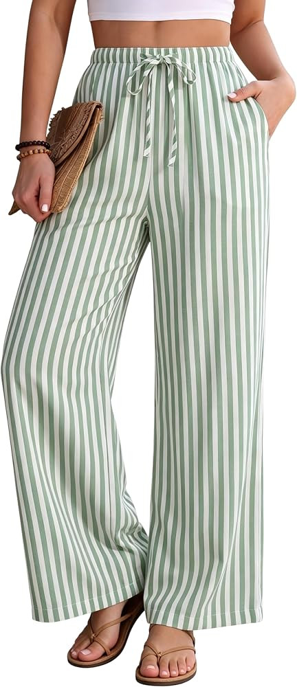 EsheSy Womens Casual Striped Pants Summer Beach Wide Leg Lounge Pants Drawstring Waist Loose Pala... | Amazon (US)