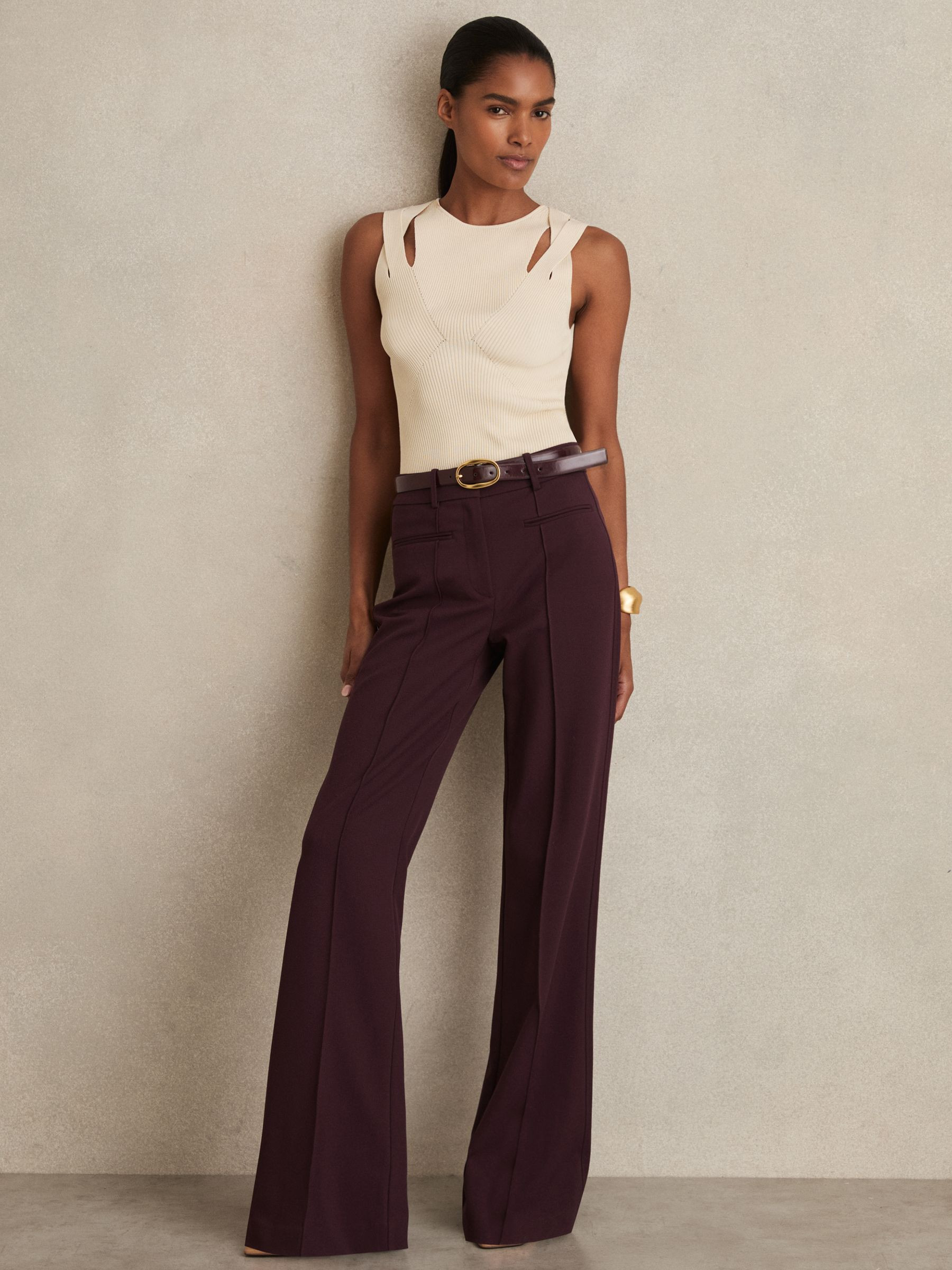 Reiss High Rise Flared Trousers in Burgundy - REISS | Reiss UK