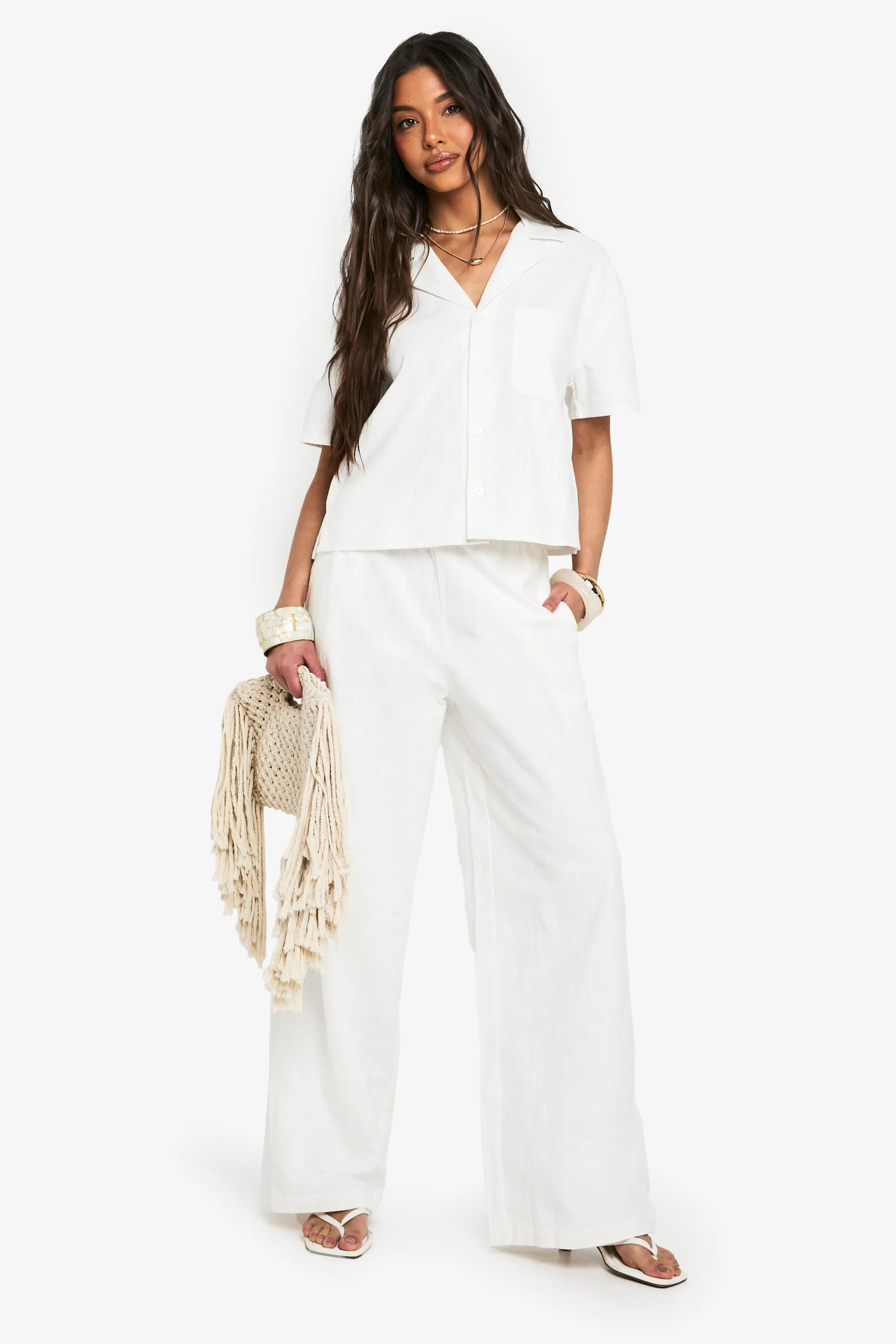White Linen Look Drawstring Wide Leg Trousers | Boohoo | Boohoo.com (UK & IE)