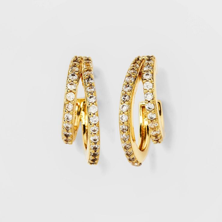 14k Gold Plated Cubic Zirconia Faux Duo Pave Hoop Earrings - A New Day™ Gold | Target