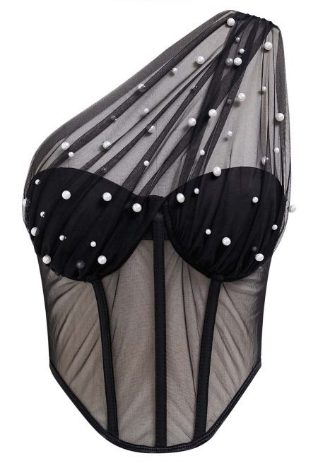 Pearl Mesh One Shoulder Corset Top | Chicwish