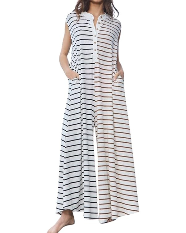 Yinawsky Women Casual Striped Sleeveless Tank Jumpsuits Color Block Wide Leg Romper Comfy Button ... | Amazon (US)
