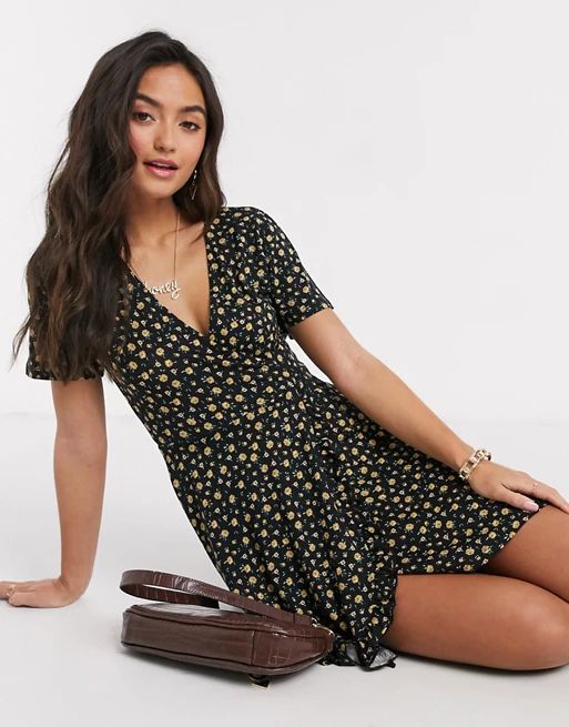 Pull&Bear wrap front dress in yellow & black floral print | ASOS US