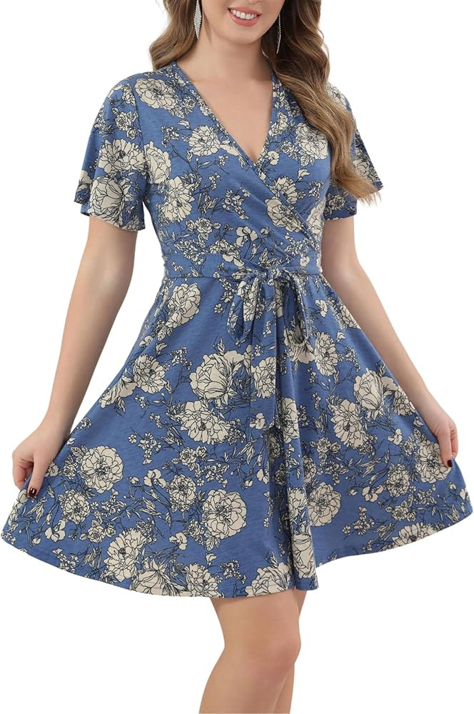 Aphratti Women's Fit and Flare Summer Dresses V Neck Short Sleeve High Waist Casual Spring Floral... | Amazon (US)