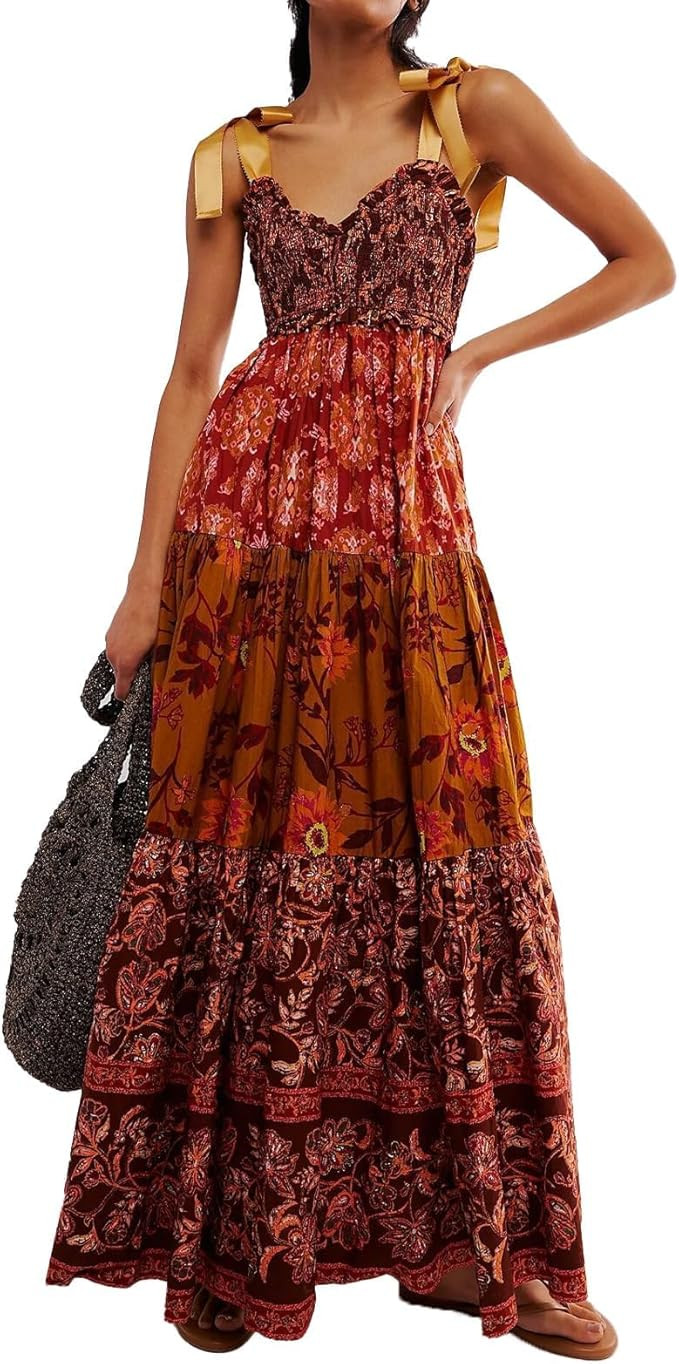 ABYOVRT Women Floral Maxi Dress Tie Shoulder Patchwork Smocked Flowy Boho Dress with Pockets Summ... | Amazon (US)