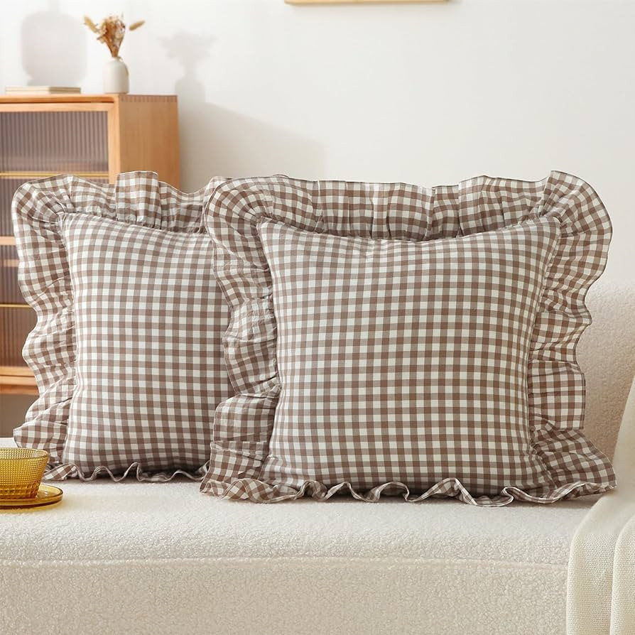 Gingham Pillow Covers (2 Pack) - 22 x22 Inches Warm Taupe/White Plaid, 100% Washed Cotton Vintage... | Amazon (US)
