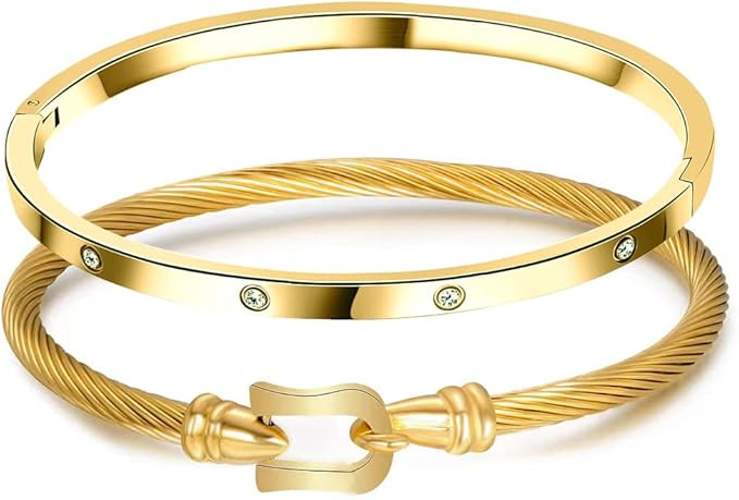 Gold/Rose/White Gold Plated Friendship Bracelet Personality Stackable Stainless Steel Bangle with... | Amazon (US)
