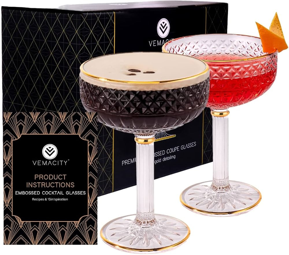 Luxury Coupe Cocktail Glasses | Martini Glasses Set of 2|Martini Glass w/Gold Detail & Recipe e-B... | Amazon (US)