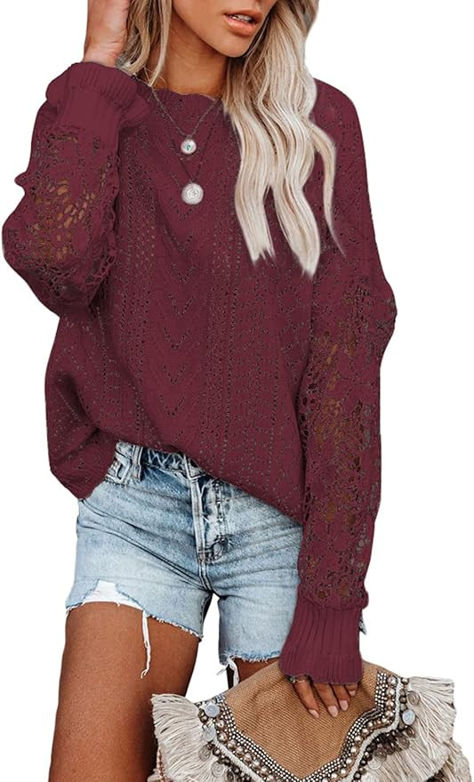 AlvaQ Women's 2023 Lace Crochet Sweater Summer Fall Lightweight Crewneck Knit Sweaters Pullover J... | Amazon (US)