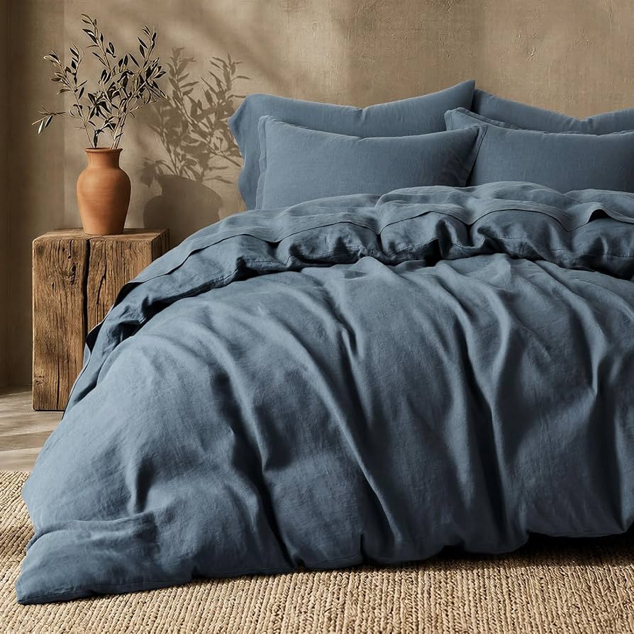 EverGrace 100% European Flax Linen Duvet Cover Set, Queen, Blue Slate | Amazon (US)