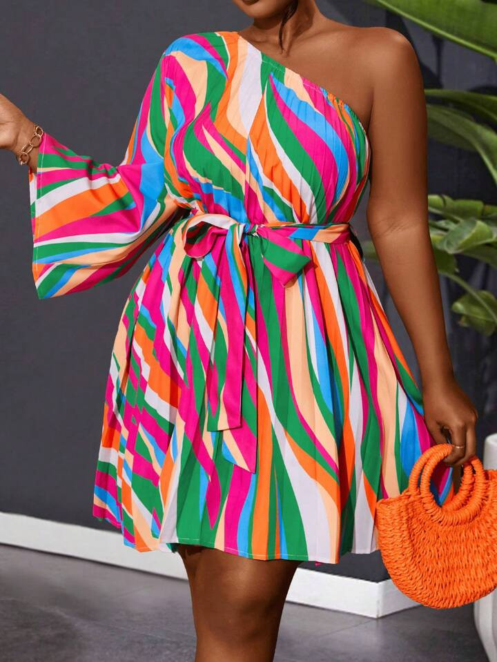 SHEIN Slayr Plus Size Vacation Casual Striped Colorblock Asymmetrical Collar Flared Sleeve Pleate... | SHEIN
