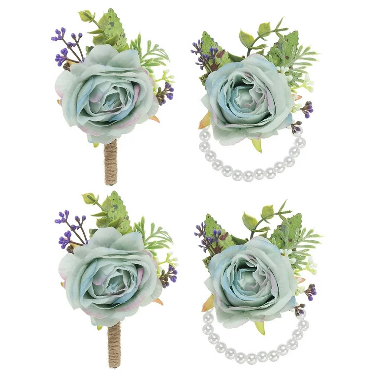 Uxcell Rose Wrist Corsage and Boutonnieres Set, Wedding Flower Wristlet Band Bracelet Light Blue ... | Walmart (US)