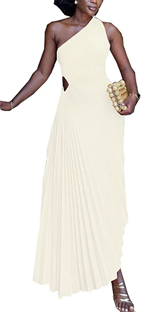 Ecirod Womens Summer Maxi Dress 2023 Sexy One Shoulder Sleeveless Formal Boho Pleated Dresses | Amazon (US)