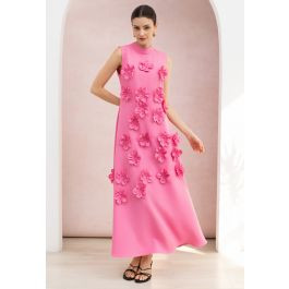 3D Floral Applique Tie Back Sleeveless Maxi Dress in Hot Pink for Wedding Receptions & Cocktail P... | Chicwish