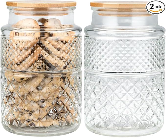 60 Ounce Round Large Glass Jar with Bamboo Lid - Glass Food Storage Containers with Vintage Diamo... | Amazon (US)