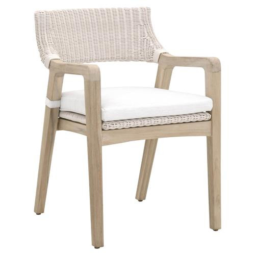 Lucile Coastal Beach White Cushion Woven Wicker Grey Teak Outdoor Dining Arm Chair | Kathy Kuo Home