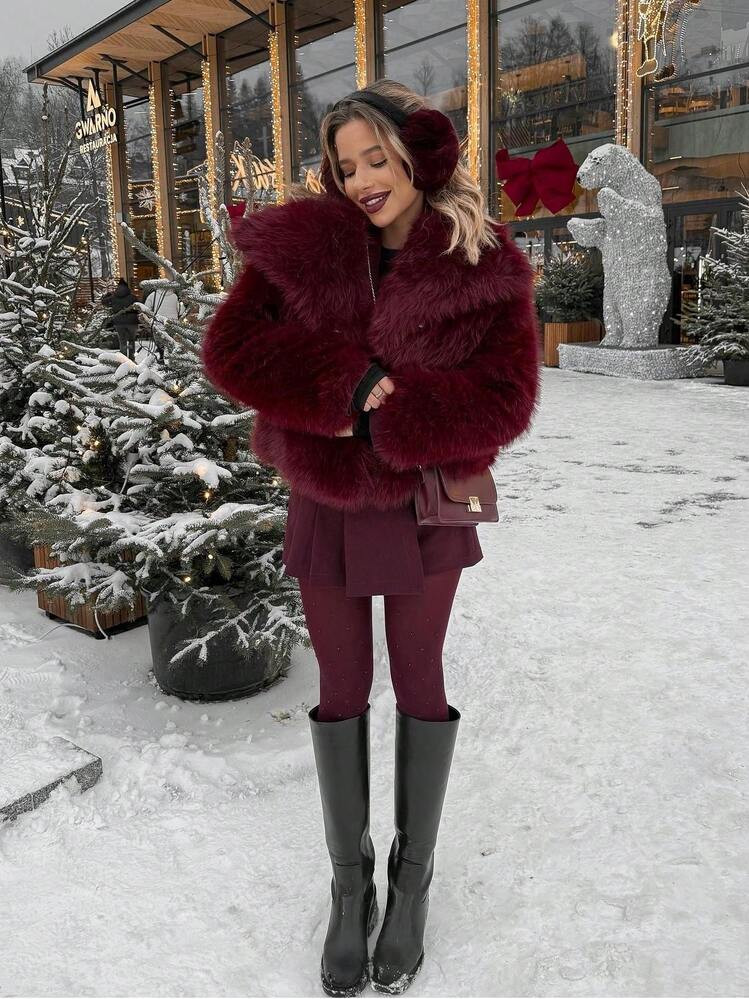Women's Burgundy Faux Fur Short Jacket, Oversized Collar Loose Fit, Retro Luxurious Style, Suitable For Winter, Christmas, New Year Party, Daily Wear, Date, Fashionable Outerwear | SHEIN