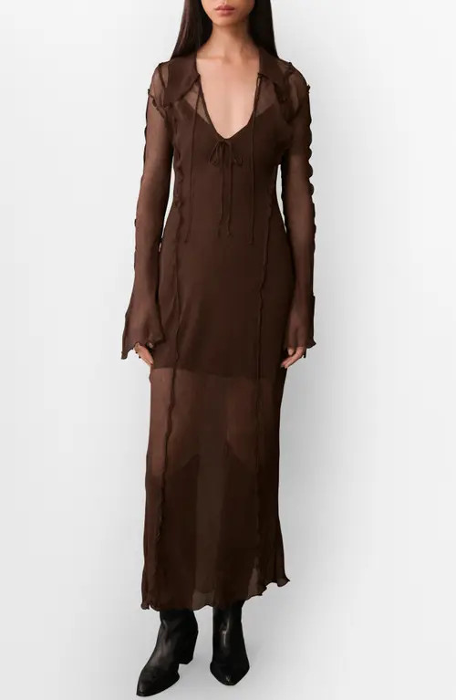 MANGO Claire Long Sleeve Sheer Maxi Dress in Brown at Nordstrom, Size 6 | Nordstrom