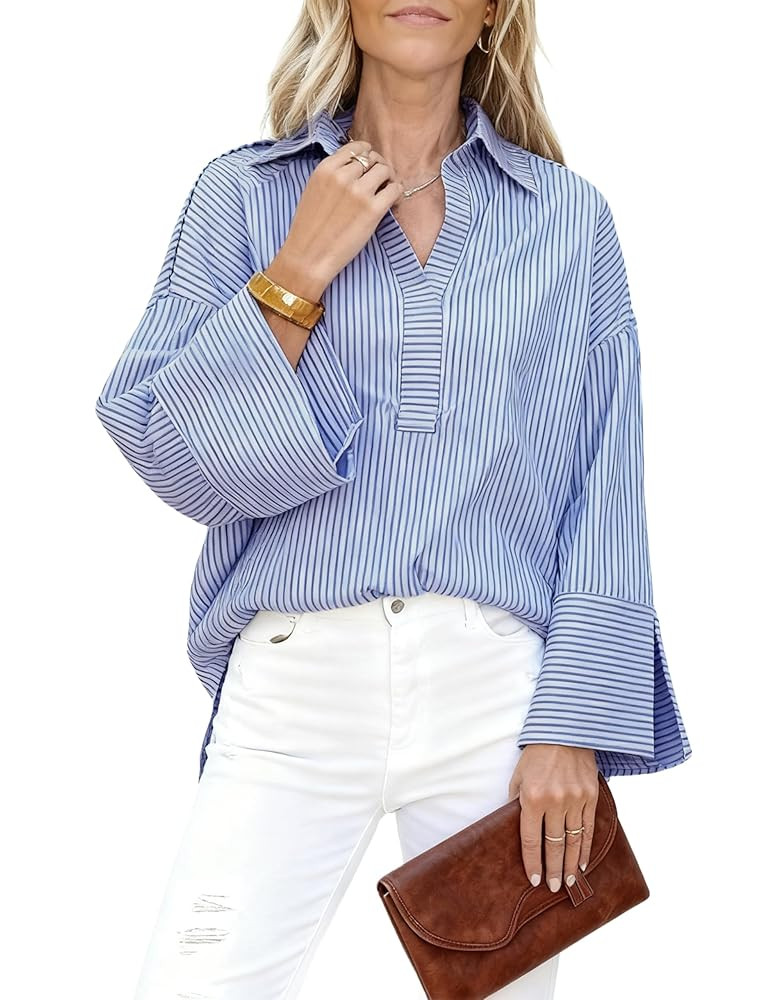 Watashi Women Button Down Shirt Casual Striped Print Dress Shirts Long Sleeve Collared Office Wor... | Amazon (US)