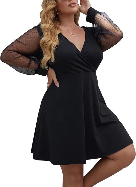 SCOMCHIC Plus Size Deep V-Neck Sexy Long Sleeve for Women Fashion Basic Black Dress for Lady Part... | Amazon (US)