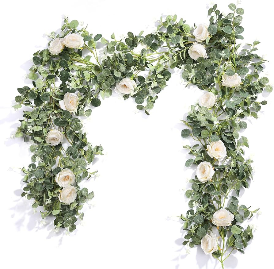 Der Rose 2 Pcs 13Ft Artificial Eucalyptus Flower Garland with Fake Rose Flower Vine Seeded Eucaly... | Amazon (US)