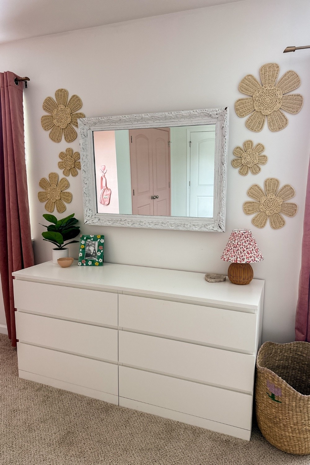 Emersyn’s Bedroom Links Part 3
The mirror and dresser wall 
This whole room is almost an equal combination of Target and Amazon finds 🤍 The rattan flowers are so fun! 
The dresser is Ikea and not linkable. It is the KULLEN 6 drawer model. 

#LTKKids #LTKHome