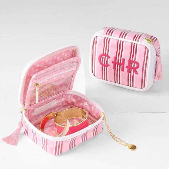 Clear Coated Travel Jewelry Case, Petite, Pink-Red Stripe | Mark and Graham