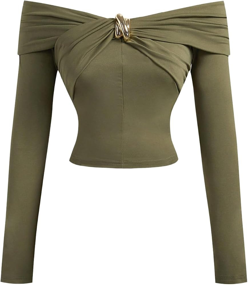 MakeMeChic Women's Off The Shoulder T Shirt Ring Ruched Long Sleeve Going Out Crop Tops | Amazon (US)