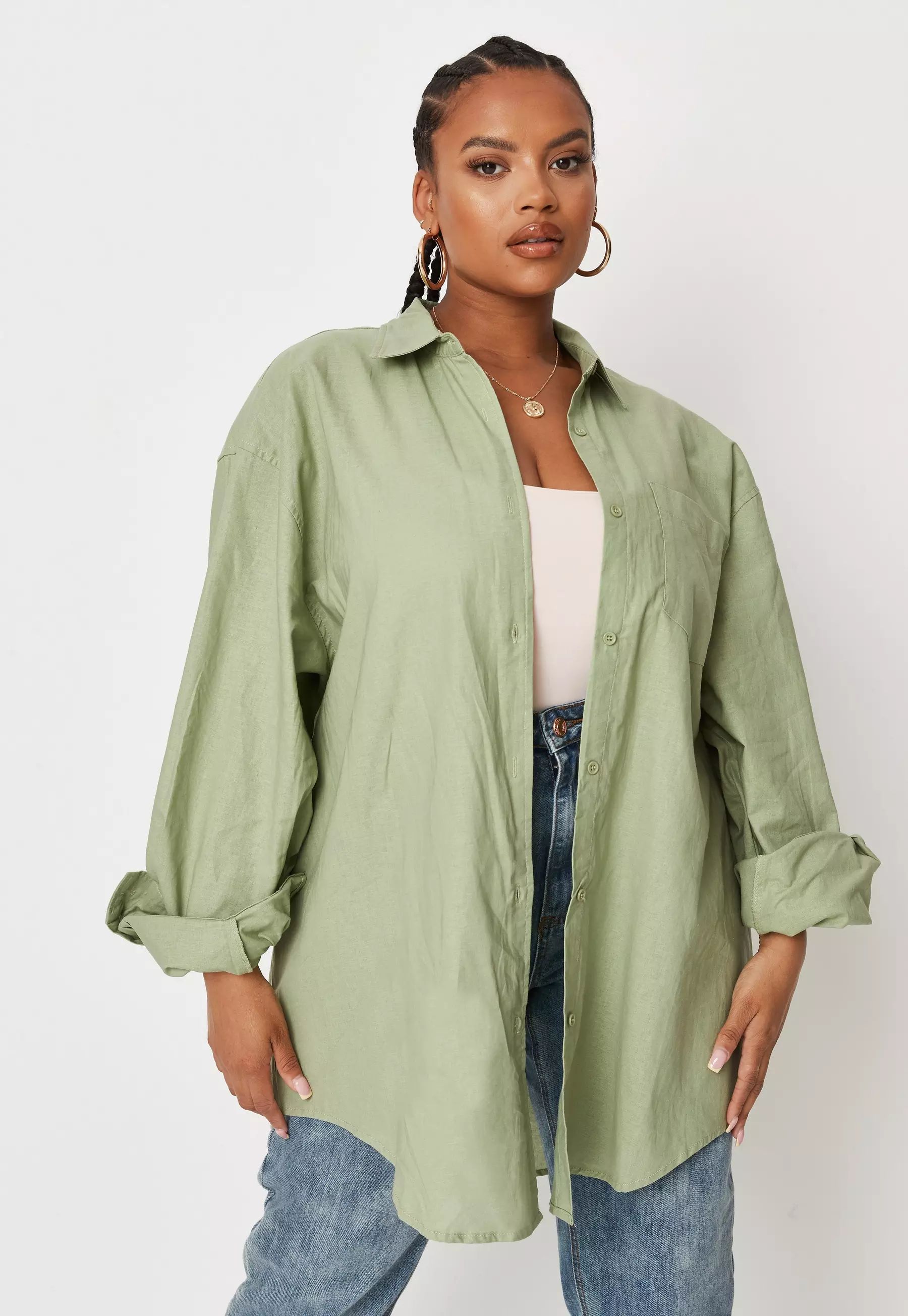 Sarah Ashcroft x Missguided Plus Size Sage Pastel Linen Mix Oversized Shirt | Missguided (US & CA)