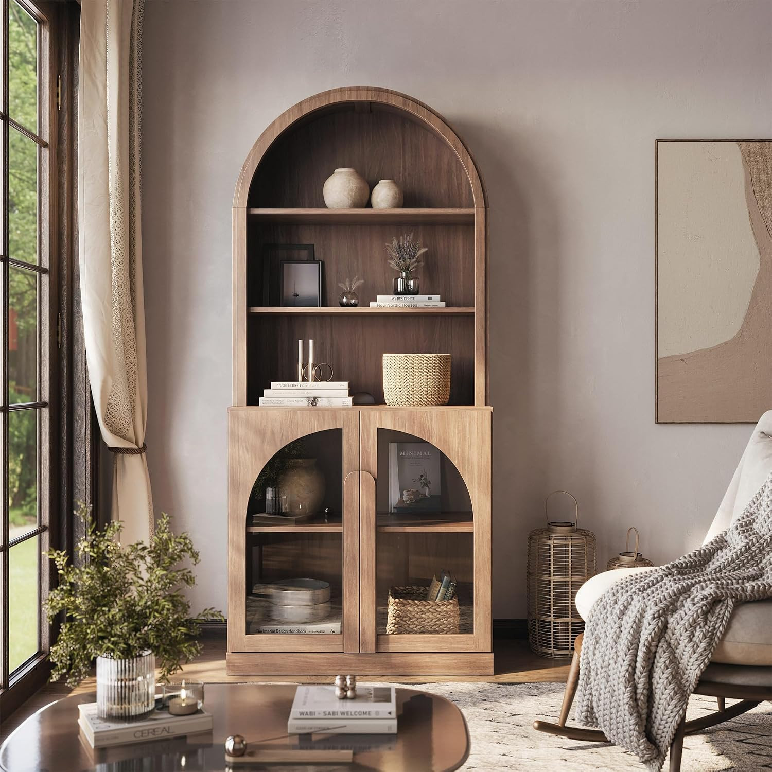 BELLEZE Arched Bookshelf with Glass Doors, 71" Tall Wood Display Cabinet with Adjustable Shelf and Hutch, 5 Tier Modern Bookcase Shelf with Storage for Living Room Office, Camel | Amazon (US)