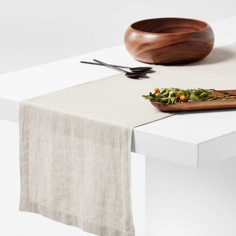 Marin 120" Warm Natural EUROPEAN FLAX -Certified Linen Table Runner + Reviews | Crate & Barrel | Crate & Barrel