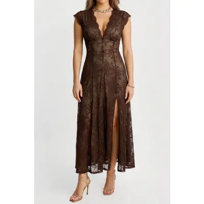 Popilush Shapewear Boho Floral Lace Front Slit Maxi Dress in Midnight Black at Nordstrom, Size Large | Nordstrom
