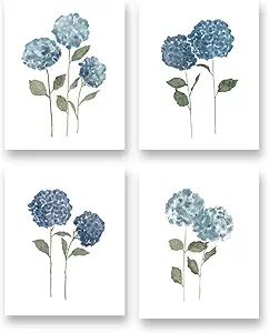 XUN Watercolor Blue Flower Art Print-Blossom Hydrangea Floral Canvas Wall Art-(8”X10”X4 pcs, ... | Amazon (US)