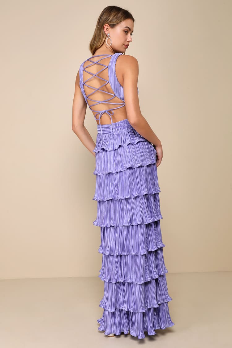 Beauty Icon Lavender Satin Pleated Tiered Lace-Up Maxi Dress | Lulus